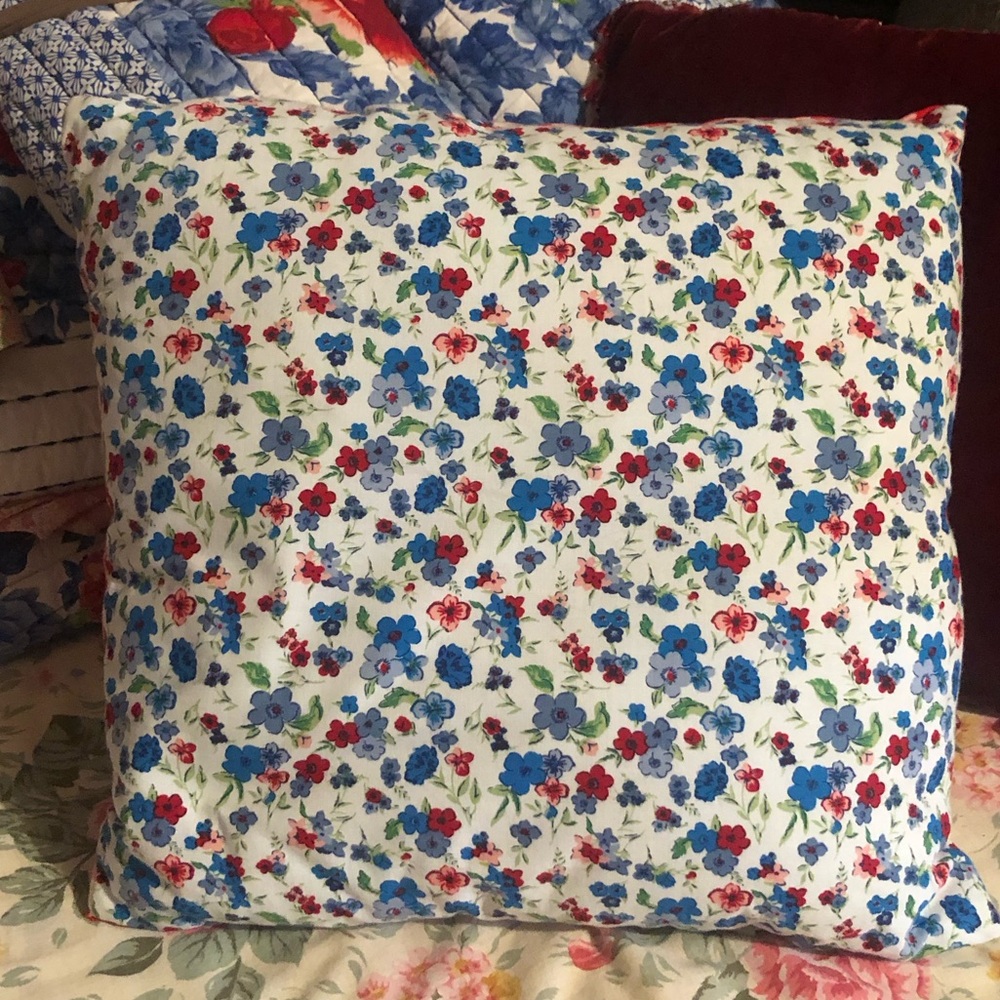 9454C Multi-Color Floral Pillow W Red White Check Back Reversible Cotton